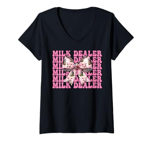 Damen Milchhändler Milchbauer Kuh Milch Landwirtschaft Mädchen Mama Kokette T-Shirt mit V-Ausschnitt von Womens Coquette Bow Dairy Farmer Cow Farming Gifts