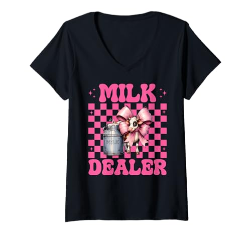 Damen Milchhändler Milchbauer Kuh Milch Landwirtschaft Mädchen Mama Kokette T-Shirt mit V-Ausschnitt von Womens Coquette Bow Dairy Farmer Cow Farming Gifts