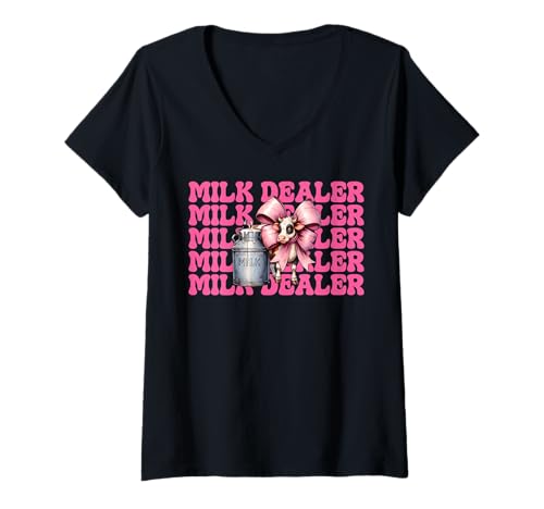 Damen Milchhändler Milchbauer Kuh Milch Landwirtschaft Mädchen Mama Kokette T-Shirt mit V-Ausschnitt von Womens Coquette Bow Dairy Farmer Cow Farming Gifts