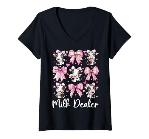 Damen Milchhändler Milchbauer Kuh Milch Landwirtschaft Mädchen Mama Kokette T-Shirt mit V-Ausschnitt von Womens Coquette Bow Dairy Farmer Cow Farming Gifts