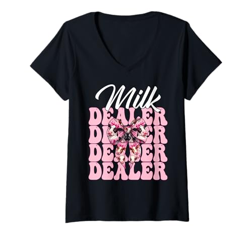 Damen Milchhändler Milchbauer Kuh Milch Landwirtschaft Mädchen Mama Kokette T-Shirt mit V-Ausschnitt von Womens Coquette Bow Dairy Farmer Cow Farming Gifts