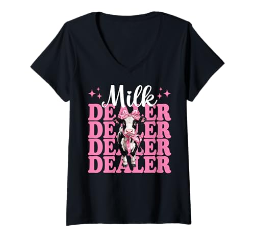 Damen Milchhändler Milchbauer Kuh Milch Landwirtschaft Mädchen Mama Kokette T-Shirt mit V-Ausschnitt von Womens Coquette Bow Dairy Farmer Cow Farming Gifts