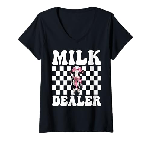 Damen Milchhändler Milchbauer Kuh Milch Landwirtschaft Mädchen Mama Kokette T-Shirt mit V-Ausschnitt von Womens Coquette Bow Dairy Farmer Cow Farming Gifts