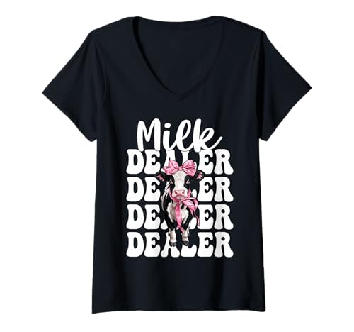 Damen Milchhändler Milchbauer Kuh Milch Landwirtschaft Mädchen Mama Kokette T-Shirt mit V-Ausschnitt von Womens Coquette Bow Dairy Farmer Cow Farming Gifts