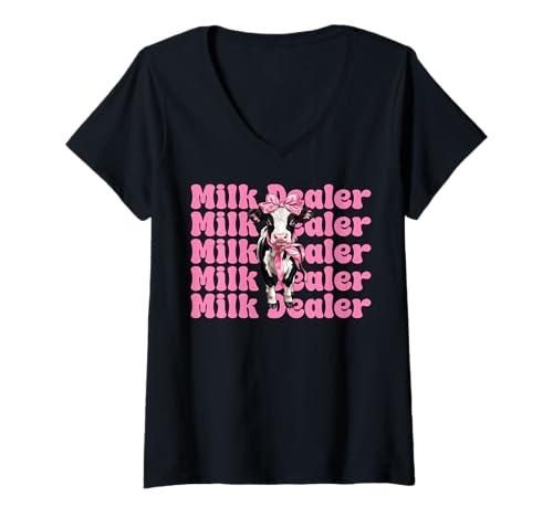 Damen Milchhändler Milchbauer Kuh Milch Landwirtschaft Mädchen Mama Kokette T-Shirt mit V-Ausschnitt von Womens Coquette Bow Dairy Farmer Cow Farming Gifts