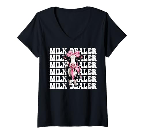 Damen Milchhändler Milchbauer Kuh Milch Landwirtschaft Mädchen Mama Kokette T-Shirt mit V-Ausschnitt von Womens Coquette Bow Dairy Farmer Cow Farming Gifts