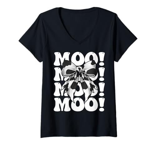 Damen Moo! Dairy Farmer Kuh Milchvieh Landwirtschaft Mädchen Mama Kokette Schleife T-Shirt mit V-Ausschnitt von Womens Coquette Bow Dairy Farmer Cow Farming Gifts