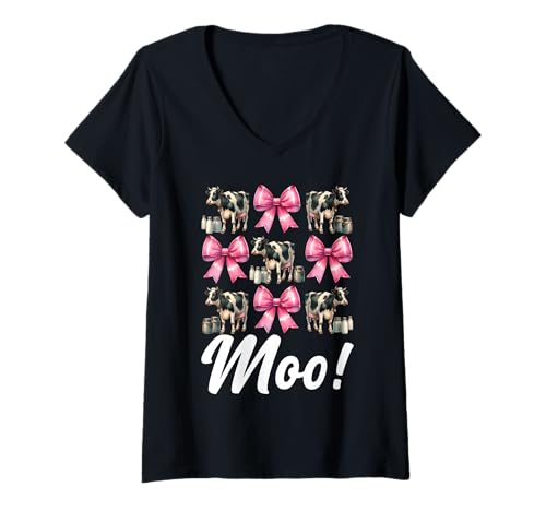 Damen Moo! Dairy Farmer Kuh Milchvieh Landwirtschaft Mädchen Mama Kokette Schleife T-Shirt mit V-Ausschnitt von Womens Coquette Bow Dairy Farmer Cow Farming Gifts