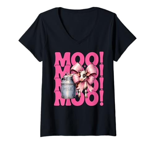 Damen Moo! Dairy Farmer Kuh Milchvieh Landwirtschaft Mädchen Mama Kokette Schleife T-Shirt mit V-Ausschnitt von Womens Coquette Bow Dairy Farmer Cow Farming Gifts