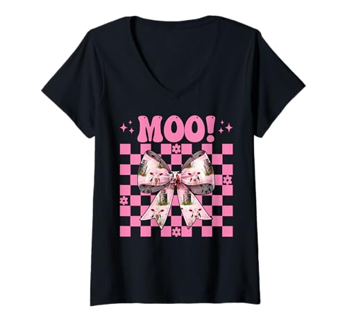 Damen Moo! Dairy Farmer Kuh Milchvieh Landwirtschaft Mädchen Mama Kokette Schleife T-Shirt mit V-Ausschnitt von Womens Coquette Bow Dairy Farmer Cow Farming Gifts