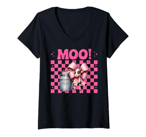Damen Moo! Dairy Farmer Kuh Milchvieh Landwirtschaft Mädchen Mama Kokette Schleife T-Shirt mit V-Ausschnitt von Womens Coquette Bow Dairy Farmer Cow Farming Gifts