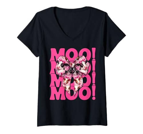 Damen Moo! Dairy Farmer Kuh Milchvieh Landwirtschaft Mädchen Mama Kokette Schleife T-Shirt mit V-Ausschnitt von Womens Coquette Bow Dairy Farmer Cow Farming Gifts