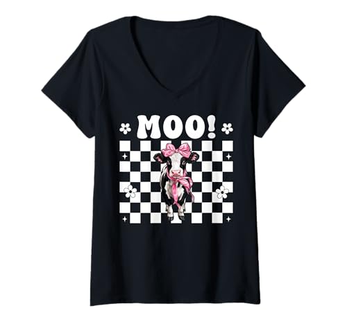 Damen Moo! Dairy Farmer Kuh Milchvieh Landwirtschaft Mädchen Mama Kokette Schleife T-Shirt mit V-Ausschnitt von Womens Coquette Bow Dairy Farmer Cow Farming Gifts