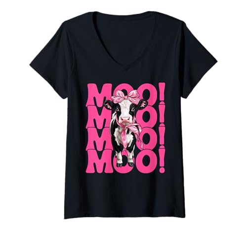 Damen Moo! Dairy Farmer Kuh Milchvieh Landwirtschaft Mädchen Mama Kokette Schleife T-Shirt mit V-Ausschnitt von Womens Coquette Bow Dairy Farmer Cow Farming Gifts