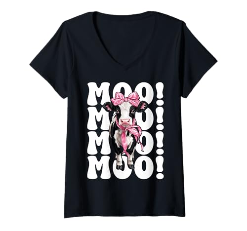 Damen Moo! Dairy Farmer Kuh Milchvieh Landwirtschaft Mädchen Mama Kokette Schleife T-Shirt mit V-Ausschnitt von Womens Coquette Bow Dairy Farmer Cow Farming Gifts