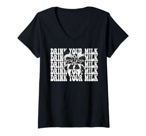 Damen Trink Deine Milch, Milchbauer, Kuh, Milchviehhaltung, Mädchen, Mama T-Shirt mit V-Ausschnitt von Womens Coquette Bow Dairy Farmer Cow Farming Gifts