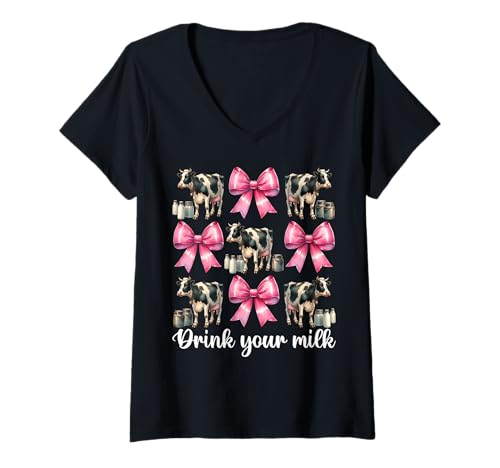 Damen Trink Deine Milch, Milchbauer, Kuh, Milchviehhaltung, Mädchen, Mama T-Shirt mit V-Ausschnitt von Womens Coquette Bow Dairy Farmer Cow Farming Gifts