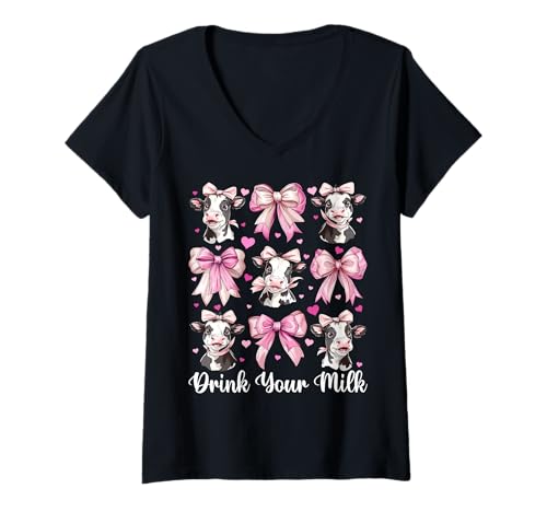 Damen Trink Deine Milch, Milchbauer, Kuh, Milchviehhaltung, Mädchen, Mama T-Shirt mit V-Ausschnitt von Womens Coquette Bow Dairy Farmer Cow Farming Gifts