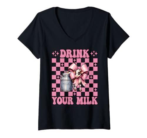Damen Trink Deine Milch, Milchbauer, Kuh, Milchviehhaltung, Mädchen, Mama T-Shirt mit V-Ausschnitt von Womens Coquette Bow Dairy Farmer Cow Farming Gifts