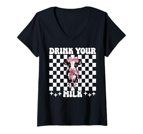 Damen Trink Deine Milch, Milchbauer, Kuh, Milchviehhaltung, Mädchen, Mama T-Shirt mit V-Ausschnitt von Womens Coquette Bow Dairy Farmer Cow Farming Gifts