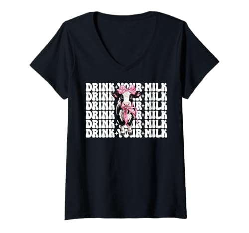 Damen Trink Deine Milch, Milchbauer, Kuh, Milchviehhaltung, Mädchen, Mama T-Shirt mit V-Ausschnitt von Womens Coquette Bow Dairy Farmer Cow Farming Gifts
