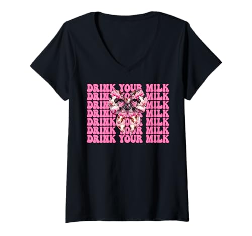 Damen Trink Deine Milch, Milchbauer, Kuh, Milchviehhaltung, Mädchen, Mama T-Shirt mit V-Ausschnitt von Womens Coquette Bow Dairy Farmer Cow Farming Gifts