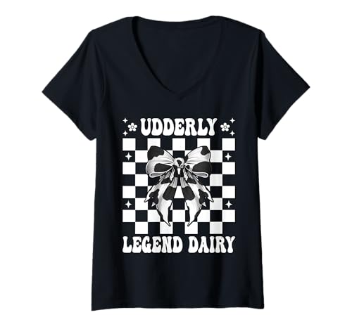 Damen Udderly Legend Dairy Dairy Farmer Kuh Milchvieh Landwirtschaft Mädchen Mama T-Shirt mit V-Ausschnitt von Womens Coquette Bow Dairy Farmer Cow Farming Gifts