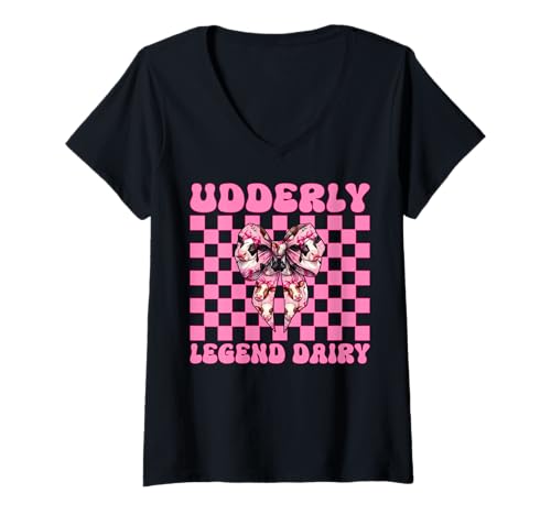Damen Udderly Legend Dairy Dairy Farmer Kuh Milchvieh Landwirtschaft Mädchen Mama T-Shirt mit V-Ausschnitt von Womens Coquette Bow Dairy Farmer Cow Farming Gifts