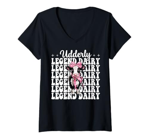Damen Udderly Legend Dairy Dairy Farmer Kuh Milchvieh Landwirtschaft Mädchen Mama T-Shirt mit V-Ausschnitt von Womens Coquette Bow Dairy Farmer Cow Farming Gifts