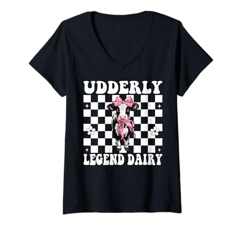 Damen Udderly Legend Dairy Dairy Farmer Kuh Milchvieh Landwirtschaft Mädchen Mama T-Shirt mit V-Ausschnitt von Womens Coquette Bow Dairy Farmer Cow Farming Gifts