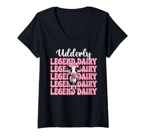 Damen Udderly Legend Dairy Dairy Farmer Kuh Milchvieh Landwirtschaft Mädchen Mama T-Shirt mit V-Ausschnitt von Womens Coquette Bow Dairy Farmer Cow Farming Gifts