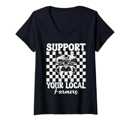 Damen Unterstützen Sie Ihre lokalen Bauern Milchbauer Kuhzucht Mädchen Mama T-Shirt mit V-Ausschnitt von Womens Coquette Bow Dairy Farmer Cow Farming Gifts