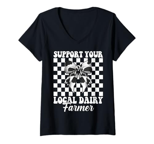 Damen Unterstützen Sie Ihren lokalen Milchbauer Kuhmilchzucht Mädchen Mama T-Shirt mit V-Ausschnitt von Womens Coquette Bow Dairy Farmer Cow Farming Gifts