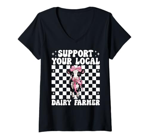 Damen Unterstützen Sie Ihren lokalen Milchbauer Kuhmilchzucht Mädchen Mama T-Shirt mit V-Ausschnitt von Womens Coquette Bow Dairy Farmer Cow Farming Gifts