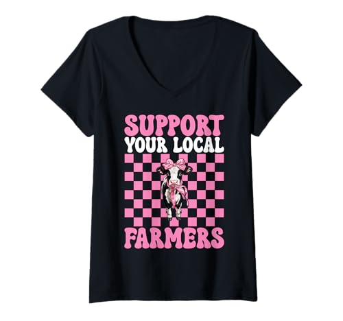 Damen Unterstützen Sie Ihren lokalen Milchbauer Kuhmilchzucht Mädchen Mama T-Shirt mit V-Ausschnitt von Womens Coquette Bow Dairy Farmer Cow Farming Gifts