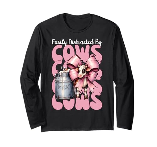 Leicht abgelenkt von Kühen Milchbauer Kuhzucht Mädchen Mama Langarmshirt von Womens Coquette Bow Dairy Farmer Cow Farming Gifts