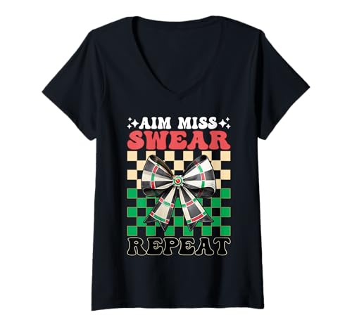 Damen Darts Dartscheibe Dart Girl Mom Coquette Aim Miss Swear Repeat T-Shirt mit V-Ausschnitt von Womens Coquette Bow Darts Dartboard Dart Gifts