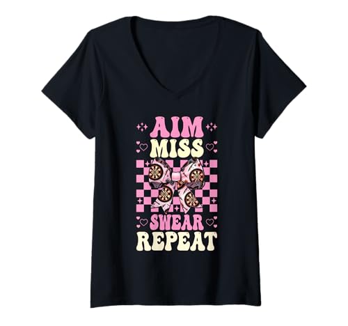 Damen Darts Dartscheibe Dart Girl Mom Coquette Aim Miss Swear Repeat T-Shirt mit V-Ausschnitt von Womens Coquette Bow Darts Dartboard Dart Gifts