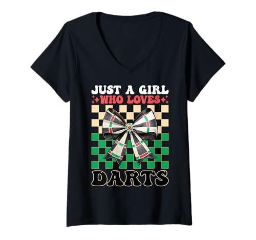 Damen Just A Girl Who Loves Darts Dartscheibe Dart Girl Coquette Bow T-Shirt mit V-Ausschnitt von Womens Coquette Bow Darts Dartboard Dart Gifts