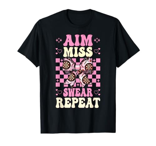 Darts Dartscheibe Dart Girl Mom Coquette Aim Miss Swear Repeat T-Shirt von Womens Coquette Bow Darts Dartboard Dart Gifts
