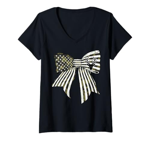 Damen Hirschjagdjäger USA Flagge 4. Juli Patriotische Tarnung T-Shirt mit V-Ausschnitt Damen Hirschjagdjäger USA Flagge 4. Juli Patriotische Tarnung T-Shirt mit V-Ausschnitt von Womens Coquette Bow Deer Hunting Hunter Gifts