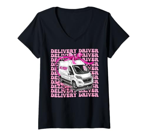 Damen Zustellung Fahrer Paket Kurier Lieferwagen Girl Coquette T-Shirt mit V-Ausschnitt von Womens Coquette Bow Delivery Driver Parcel Gifts