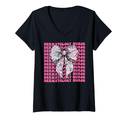 Damen Dermatologie Krankenschwester Derm Girl Kokette Schleife Rosa Band T-Shirt mit V-Ausschnitt Damen Dermatologie Krankenschwester Derm Girl Kokette Schleife Rosa Band T-Shirt mit V-Ausschnitt von Womens Coquette Bow Dermatology Nurse Derm Gifts