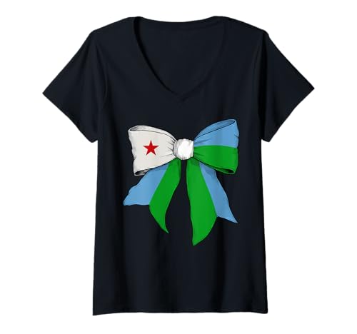 Damen Dschibuti Dschibuti-Flagge, Mädchen, Kokette Schleife T-Shirt mit V-Ausschnitt von Womens Coquette Bow Djibouti Heritage Flag Gifts