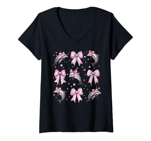 Damen Delphin Ocean Tier Mädchen Kokette Schleife Rosa T-Shirt mit V-Ausschnitt Damen Delphin Ocean Tier Mädchen Kokette Schleife Rosa T-Shirt mit V-Ausschnitt von Womens Coquette Bow Dolphin Ocean Animal Gifts