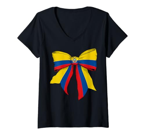 Damen Ecuador Ecuadorianischer Stolz Flagge Mädchen Kokette Schleife Band T-Shirt mit V-Ausschnitt Damen Ecuador Ecuadorianischer Stolz Flagge Mädchen Kokette Schleife Band T-Shirt mit V-Ausschnitt von Womens Coquette Bow Ecuador Heritage Flag Gifts