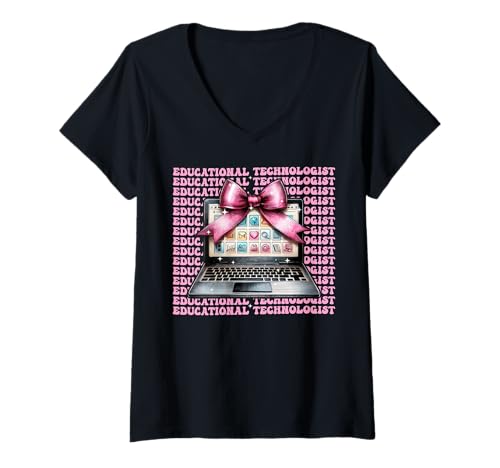 Damen Educational Technologist Tech Girl Kokette Schleife Rosa Band T-Shirt mit V-Ausschnitt Damen Educational Technologist Tech Girl Kokette Schleife Rosa Band T-Shirt mit V-Ausschnitt von Womens Coquette Bow Educational Technologist Gifts
