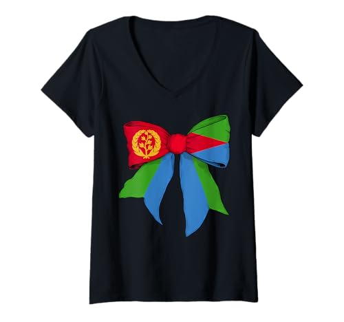 Damen Eritrea Kongolesische Flagge Mädchen Kokette Schleife Band T-Shirt mit V-Ausschnitt von Womens Coquette Bow Eritrea Heritage Flag Gifts