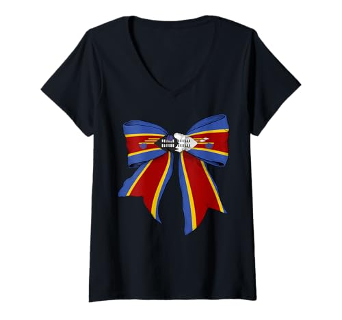 Damen Eswatini Swazi Swasiland Pride Flag Girl Coquette Bow Ribbon T-Shirt mit V-Ausschnitt von Womens Coquette Bow Eswatini Heritage Flag Gifts