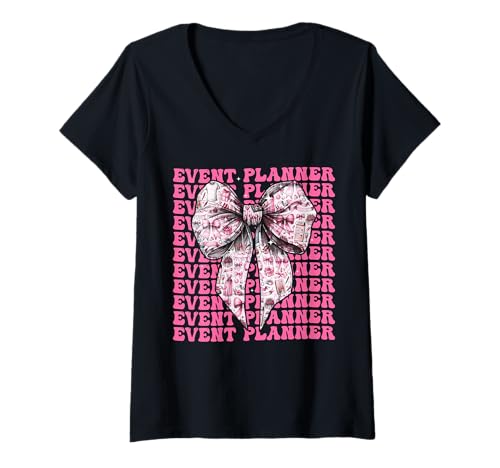 Damen Eventplaner Planung Mädchen Kokette Schleife Rosa Schleife T-Shirt mit V-Ausschnitt Damen Eventplaner Planung Mädchen Kokette Schleife Rosa Schleife T-Shirt mit V-Ausschnitt von Womens Coquette Bow Event Planner Planning Gifts